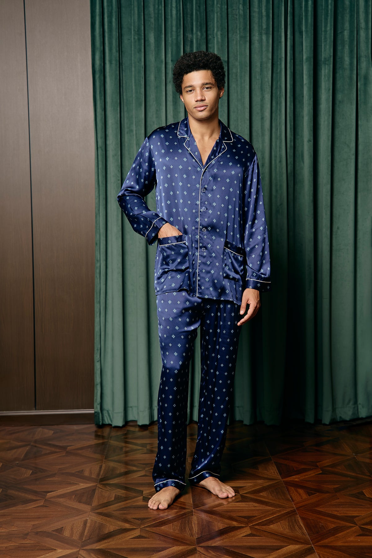 Men’s Pure Silk Pajama Set | Navy Blue