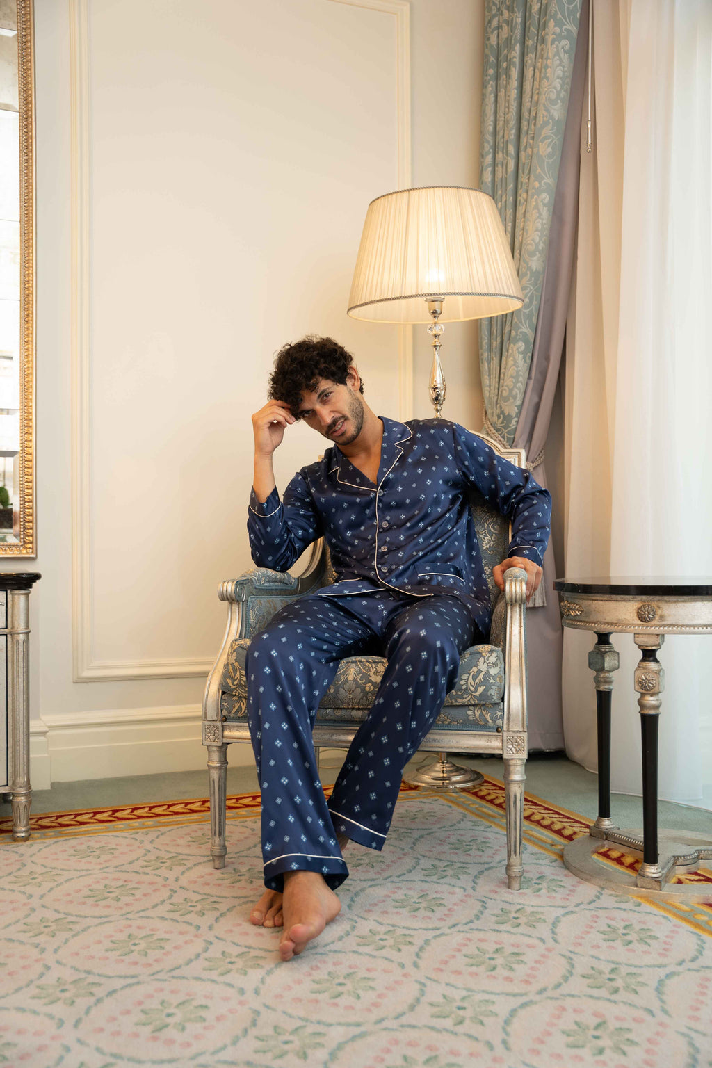 Men’s Pure Silk Pajama Set | Navy Blue